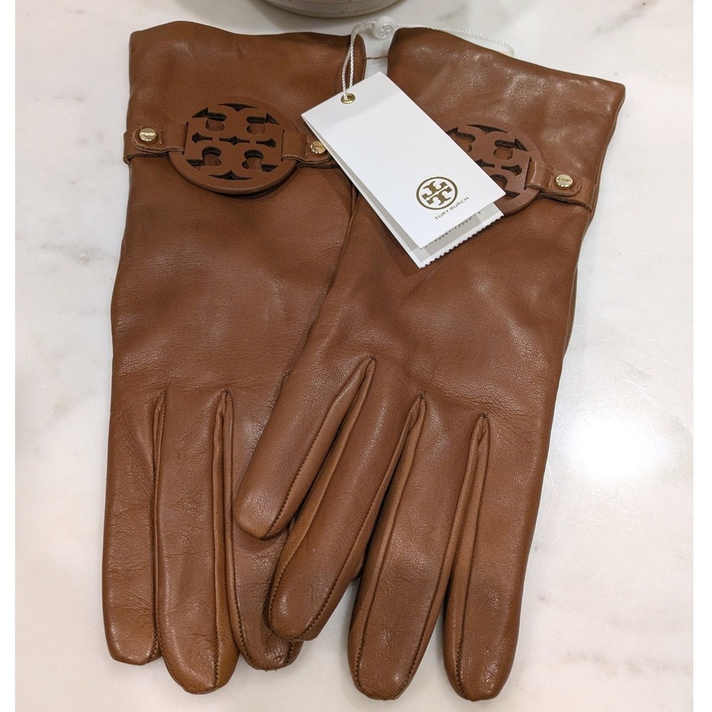 Tory Burch Miller Leather Gloves Women 7.5 T-Logo Brown Cashmere Lined 46591 NEW